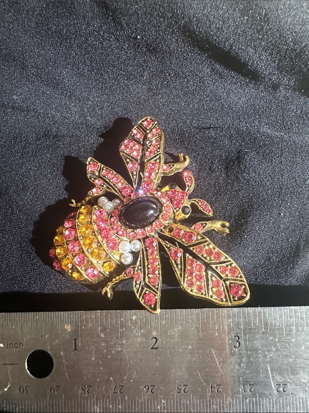 Gold-Tone Pink Crystal Bee Brooch with Pearls